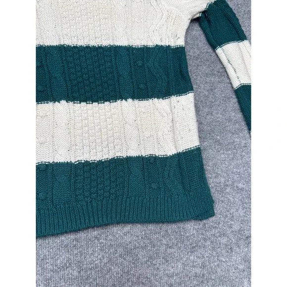 Hollister Women XS Striped Cable Knit Sweater Forest Green Cream Crewneck 3R3667 - Picture 7 of 9